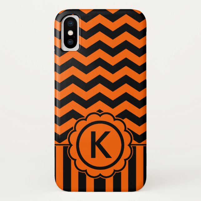 Coques Case-Mate iPhone Monogramme noir orange de zigzag (Dos)