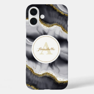 Coque Pour iPhone 16 Plus Monogramme noir Parties scintillant or