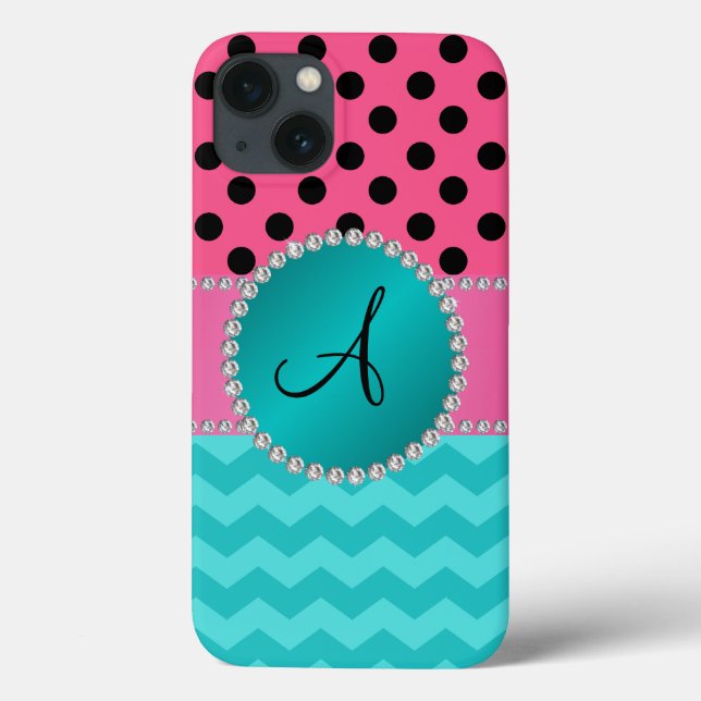 Coques Case-Mate iPhone Monogramme noir rose pois chevrons turquoise (Verso)