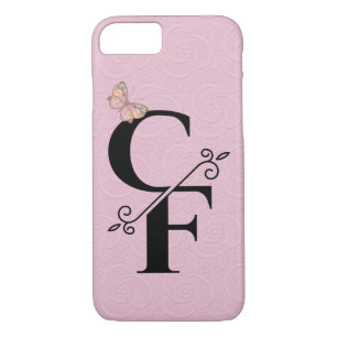 Coques Pour iPhone monogramme noir sur arrière - plan en relief rose