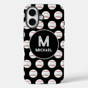 Coque Pour iPhone 16 Monogramme Nom Baseball Motif sans couture noir
