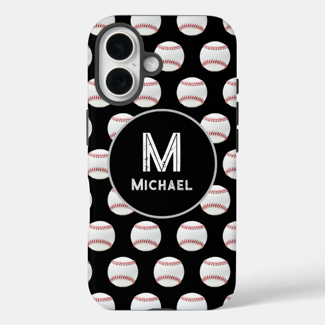 Coques Case-Mate iPhone Monogramme Nom Baseball Motif sans couture noir (Verso)