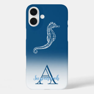 Coque Pour iPhone 16 Plus Monogramme Nom Blue Ombre Tropical Seahorse