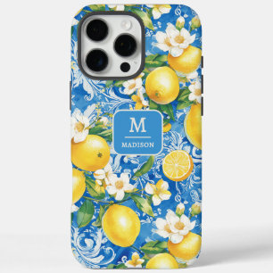 Coque iPhone 16 Pro Max Monogramme Nom Citron Bleu Jaune Floral