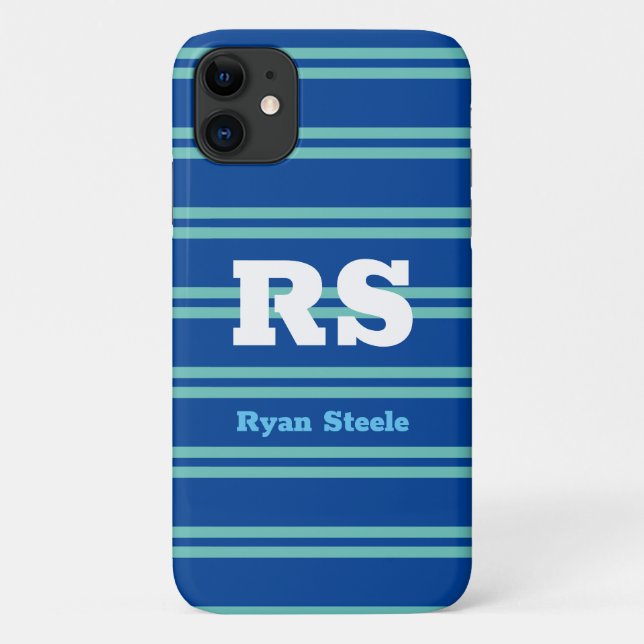 Coques Case-Mate iPhone Monogramme & nom gras, lignes sarcelle clair sur f (Dos)
