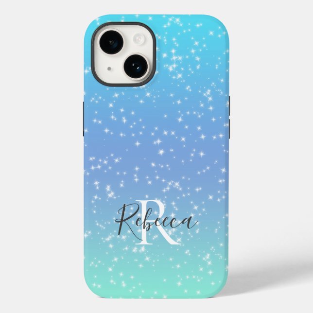 Coques Case-Mate iPhone Monogramme Nom Initial Bleu Vert Étincelle Féminin (Verso)