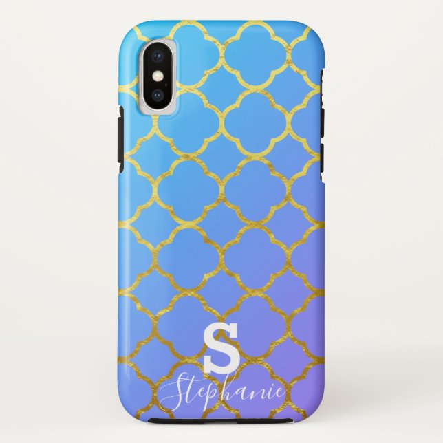 Coques Case-Mate iPhone Monogramme Nom initial Blue White Gold Foil Ombre (Dos)