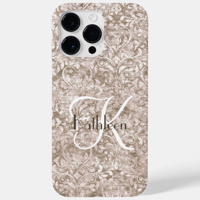 Coques Case-Mate iPhone Monogramme Nom Initial Brun Blanc Ornement Flouris (Verso)
