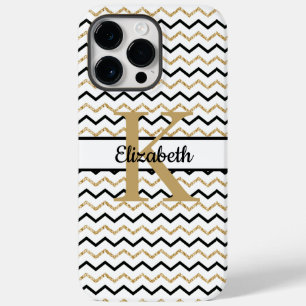 Coque Case-Mate iPhone Monogramme Nom Initial Noir Or Chevron Zig Zag