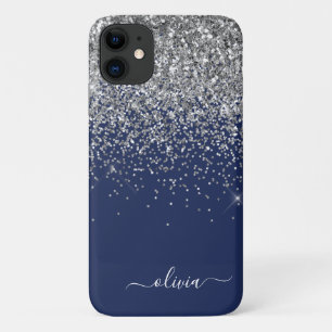 Case-Mate iPhone Case Monogramme Nom Paillettes Bleu Marine Argenté Fill