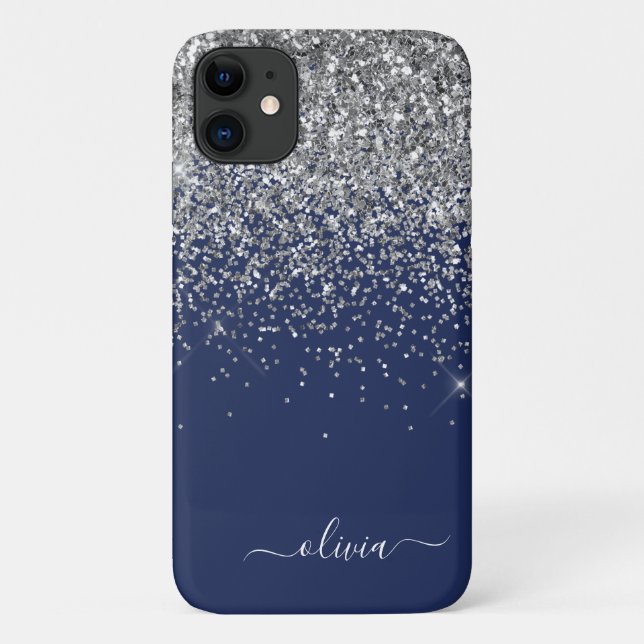 Coques Case-Mate iPhone Monogramme Nom Paillettes Bleu Marine Argenté Fill (Dos)