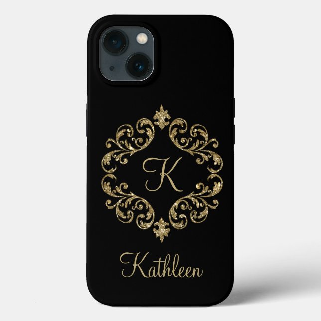 Coques Case-Mate iPhone Monogramme Nom Paillettes Noir Or Damassé Flourish (Verso)
