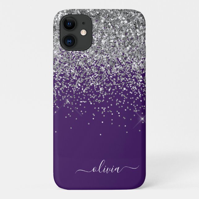 Coques Case-Mate iPhone Monogramme Nom Paillettes Violet Argenté Féminin (Dos)