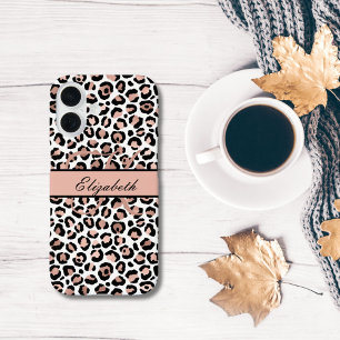 Coque Pour iPhone 16 Monogramme Nom Rose Gold Imprimé Léopard Noir