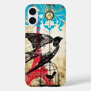 Coque Pour iPhone 16 Plus Monogramme Oiseau Vintage Tour Eiffiel Steampunk