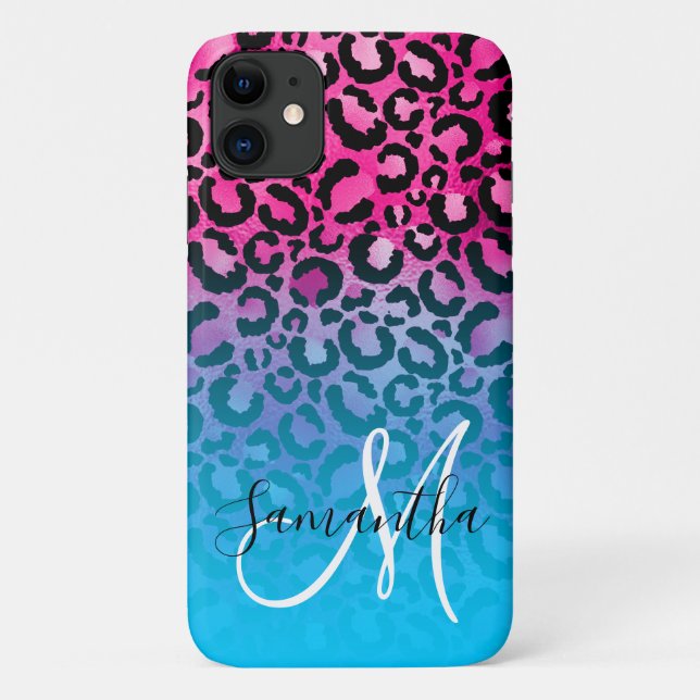 Coques Case-Mate iPhone Monogramme ombré léopard Aqua et rose chaud (Dos)