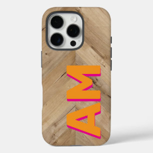 Coque iPhone 16 Pro Monogramme Ombre Rose Orange Rustique Texture Bois