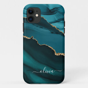 Case-Mate iPhone Case Monogramme Or en Géode d'Agate Bleu Vert Aqua Sarc