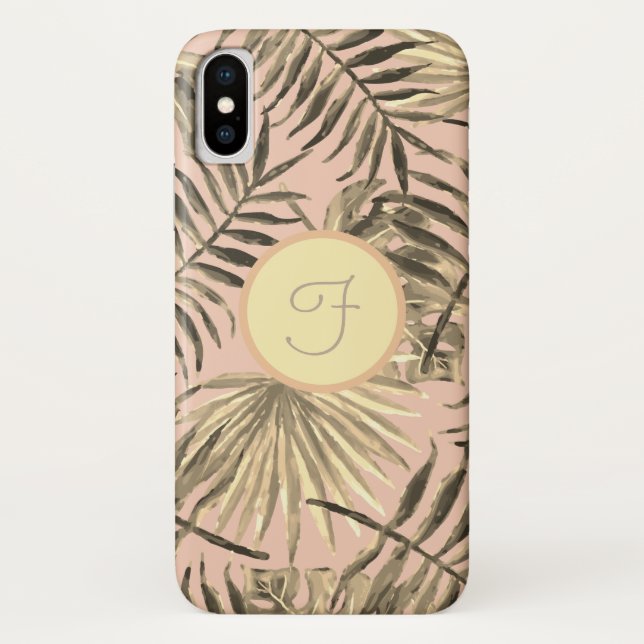 Coques Case-Mate iPhone Monogramme or feuille de palmier tropical rose pêc (Dos)