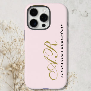 Coque iPhone 16 Pro Monogramme Or Poudre rose Noir Nom Minimaliste