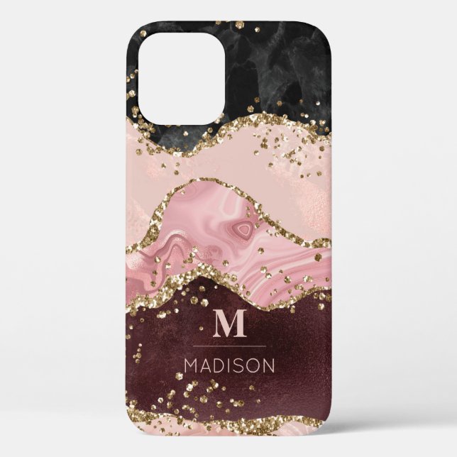 Coques Case-Mate iPhone Monogramme Or Rose Agate Liquide & Paillettes Or (Verso)