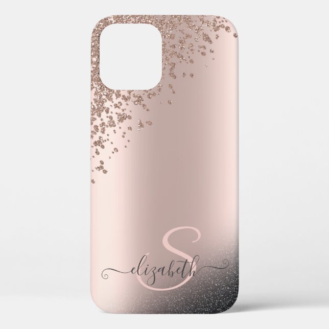 Coques Case-Mate iPhone Monogramme Or Rose Pailleté Noir Diamants Froid (Verso)