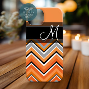 Coques Pour iPhone Monogramme orange gris de Chevron de noir chic de