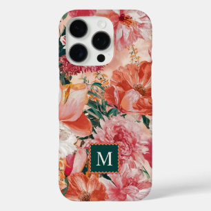 Coque iPhone 16 Pro Monogramme orange rose floral