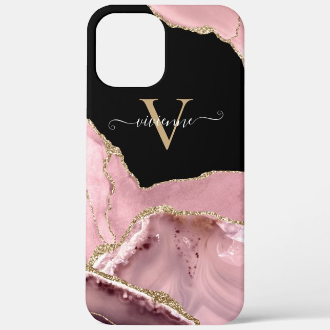 Coques Case-Mate iPhone Monogramme Pailleté Agate Or Rose (Verso)