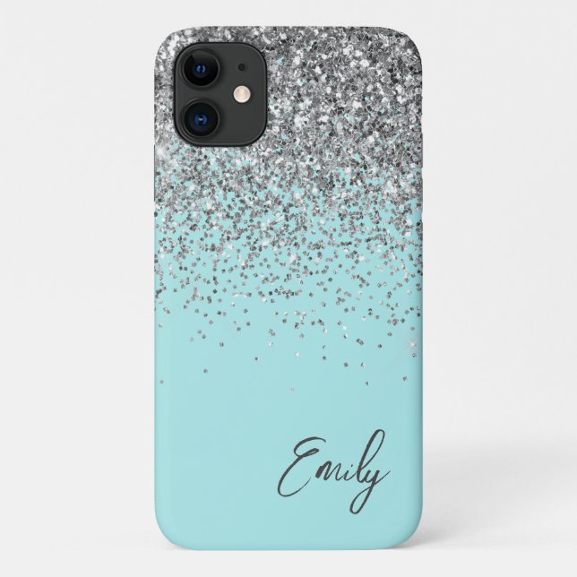 Coques Case-Mate iPhone Monogramme Pailleté Argenté Bleu Aqua Féminin (Dos)