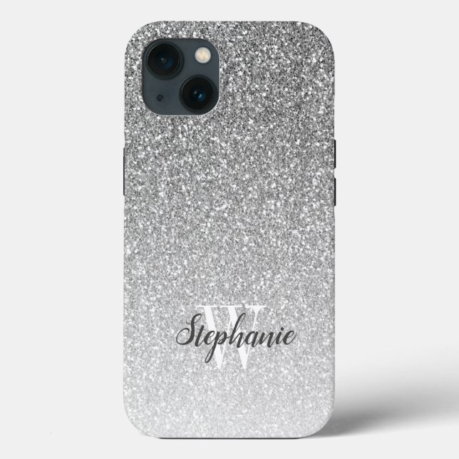 Coques Case-Mate iPhone Monogramme Pailleté Faux Ombre Argenté Moderne (Verso)