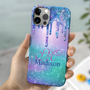 Coque Case-Mate iPhone Monogramme pailleté ombré bleu violet chic avec go