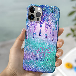 Coque iPhone 16 Pro Monogramme pailleté ombré bleu violet chic avec go