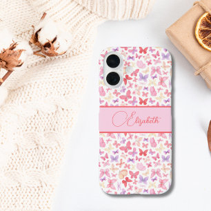 Coque Pour iPhone 16 Monogramme Papillon Rose Violet Jaune Script