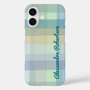 Coque Pour iPhone 16 Monogramme Pastel Plaid Bleu Turquoise Vert Jaune 