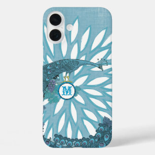 Coque Pour iPhone 16 Plus Monogramme Peacock Moderne Fleur Turquoise