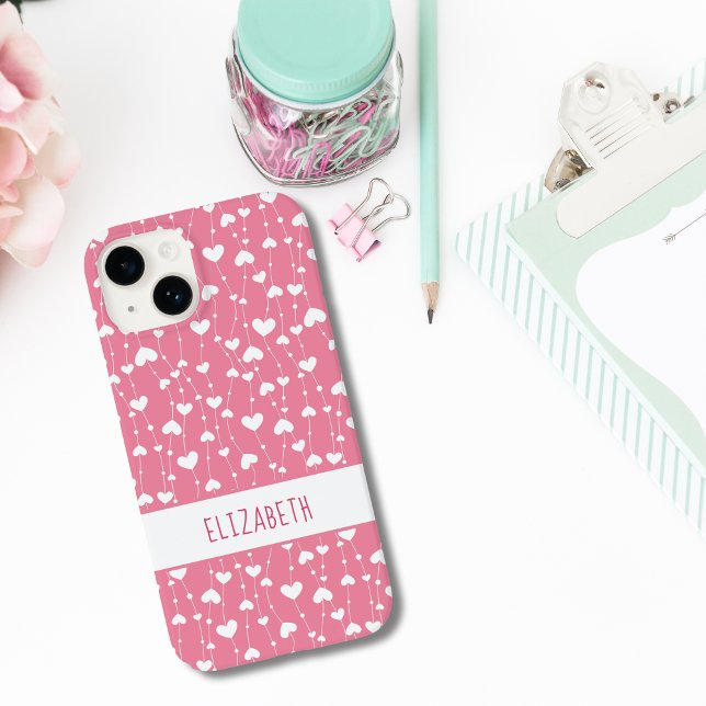 Coques Case-Mate iPhone Monogramme personnalisable coeurs roses et blancs  (Monogrammed Name Pink White Hearts iPhone case)