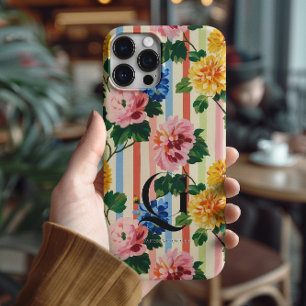 Coque iPhone 16 Pro Max Monogramme personnalisé à rayures florales
