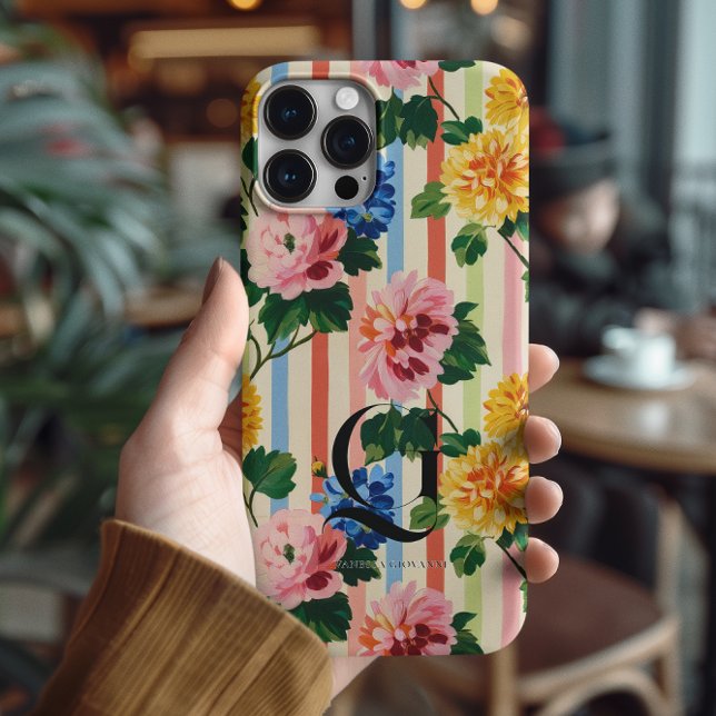 Coques Case-Mate iPhone Monogramme personnalisé à rayures florales (Créateur téléchargé)