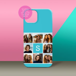 Coque Pour iPhone 15 Monogramme personnalisé Aqua Blue Photo Collage