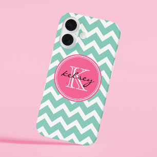 Coques iPhone 16 Monogramme personnalisé Aqua et Pink Chevron