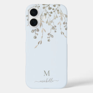 Coque Pour iPhone 16 Monogramme personnalisé aquarelle botanique bleu