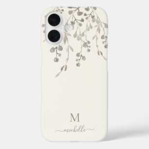 Coque Pour iPhone 16 Monogramme personnalisé aquarelle botanique ivoire