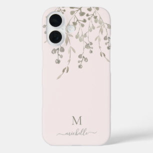 Coque Pour iPhone 16 Monogramme personnalisé aquarelle botanique rose