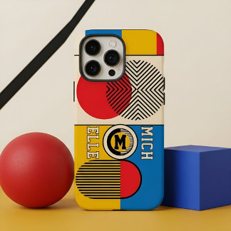 Coque iPhone 16 Pro Max Monogramme personnalisé Bauhaus Rétro Géométrique
