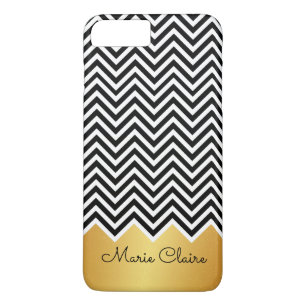 Coque iPhone 7 Plus Monogramme personnalisé Black FAUX GOLD Modern Che