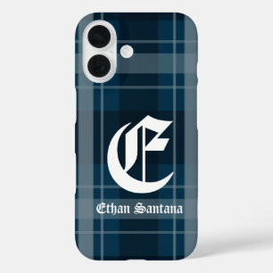 Coque Pour iPhone 16 Monogramme personnalisé bleu foncé Plaid