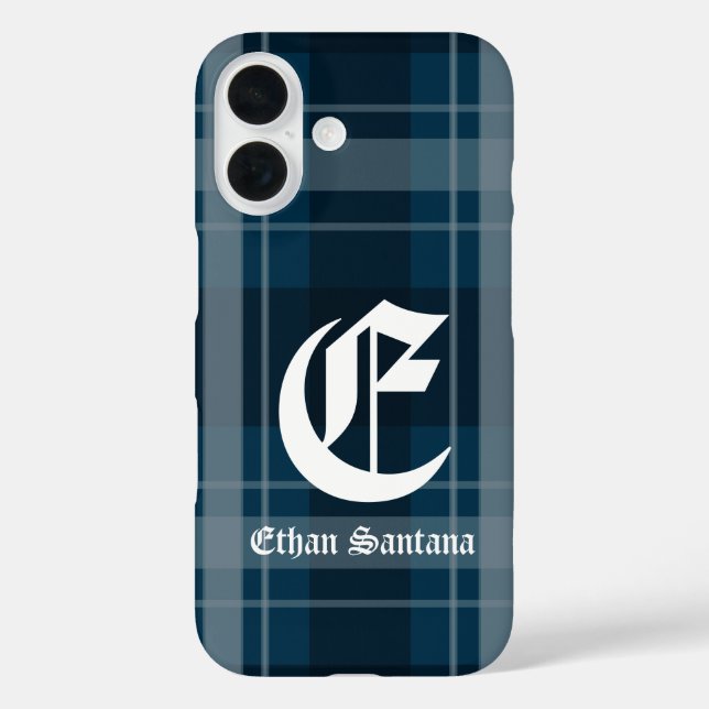 Coques Case-Mate iPhone Monogramme personnalisé bleu foncé Plaid (Verso)