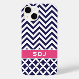 Coque Case-Mate iPhone Monogramme personnalisé bleu marine et rose Chevro