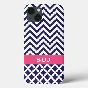 Etui iPhone Case-Mate Monogramme personnalisé bleu marine et rose Chevro